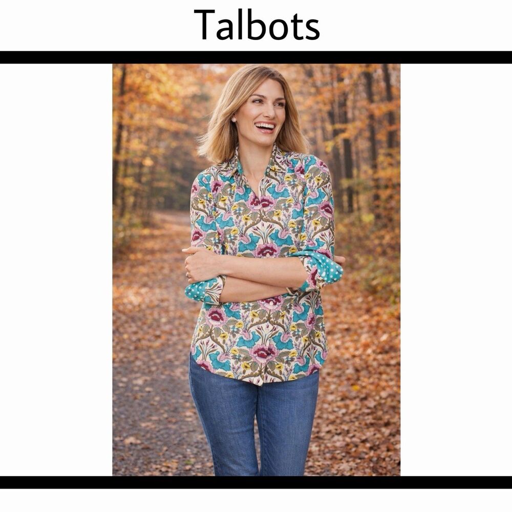 Talbots Classic Cotton Shirt Floral Damask Cottagecore Women’s Medium Petite